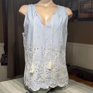 Lola B Lace-Accented Striped Sleeveless Top- Cotton - eyelet